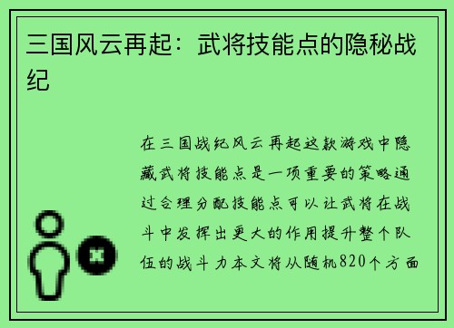 三国风云再起：武将技能点的隐秘战纪